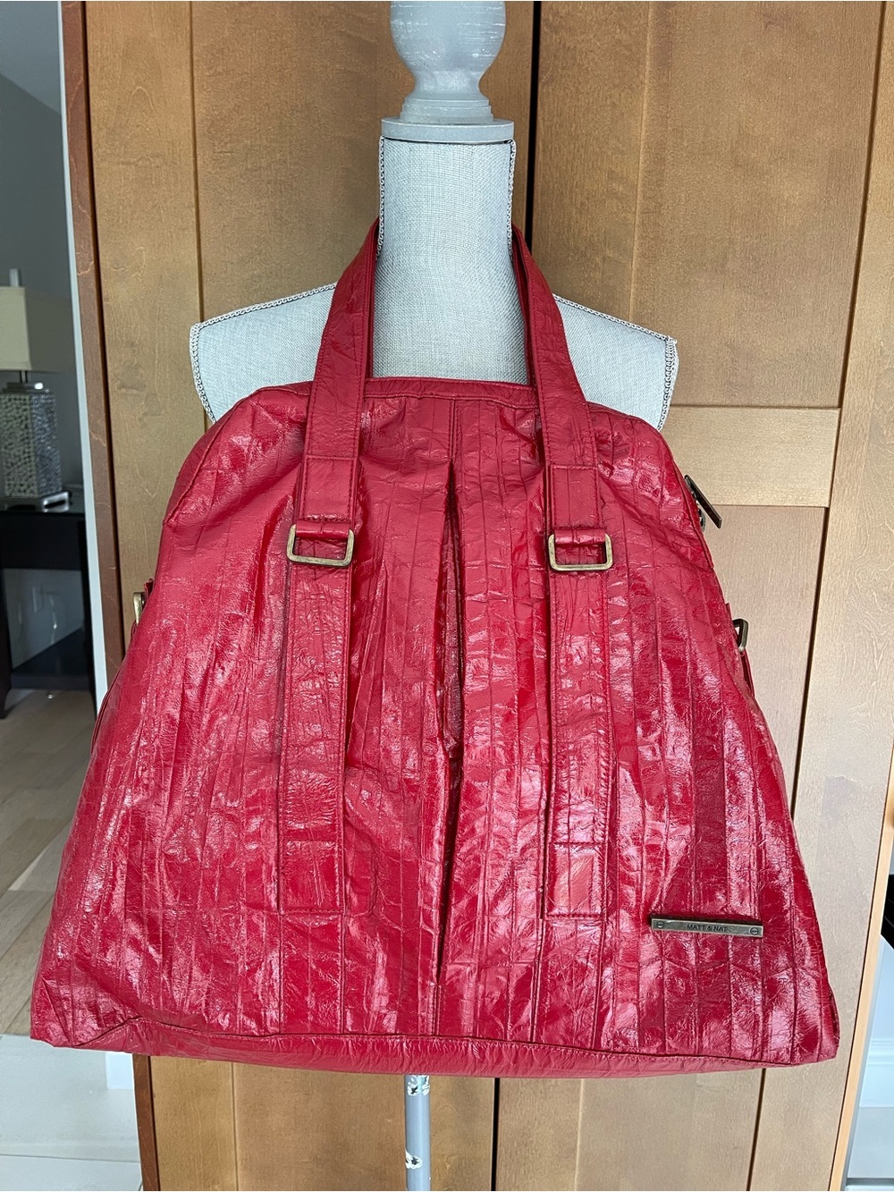 MATT & NAT Deep Red Extra Large Crinkly Vegan Leather Tote Bag EUC